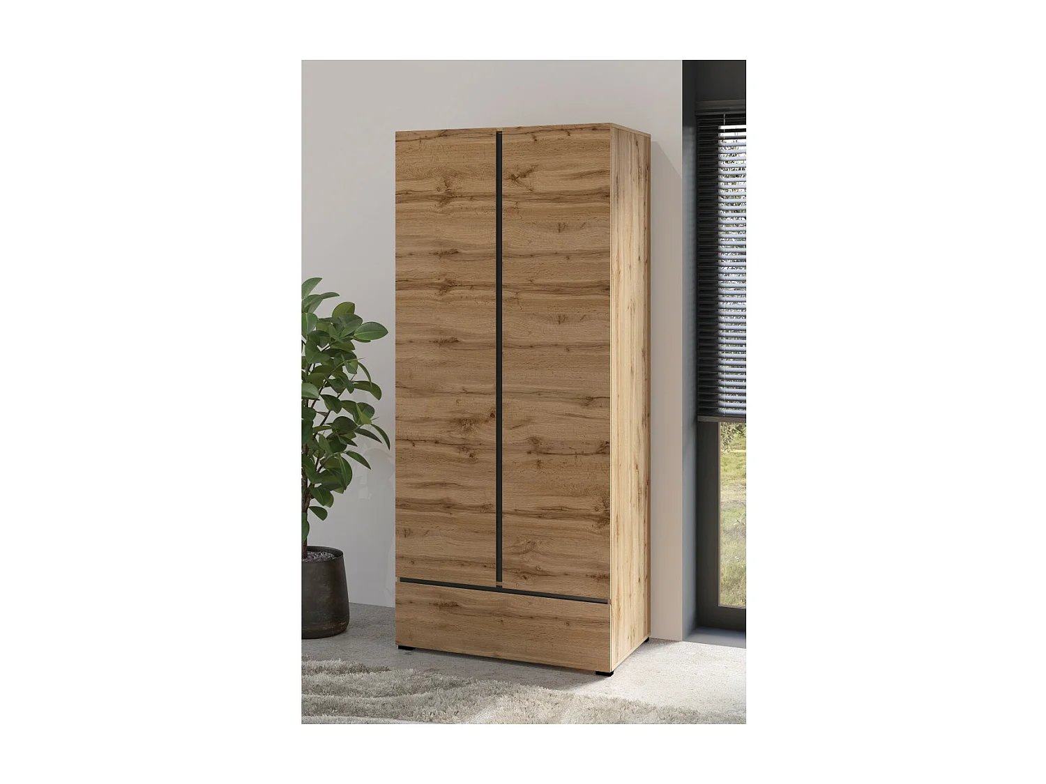 Armario HAVANA 90 cm – Roble y negro – 2 puertas + 1 cajón – Almacenamiento compacto de estilo natural