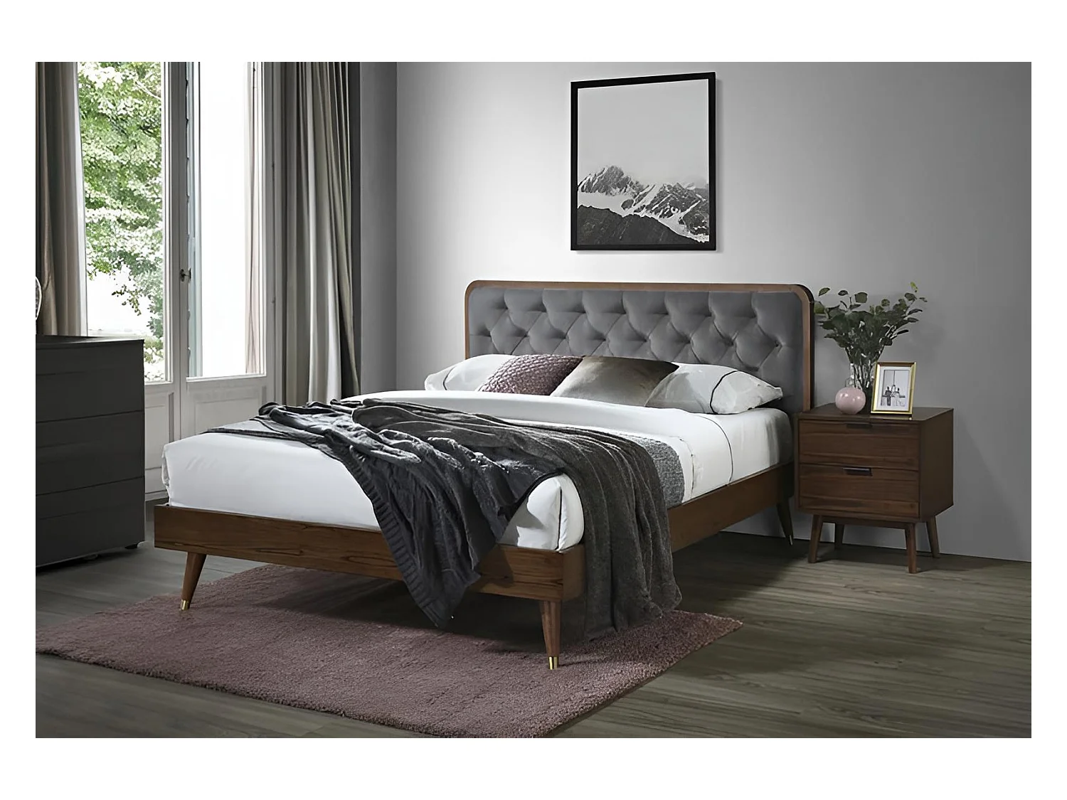 Letto Cassidy S (140x200)/piano in legno e rivestimento in tessuto/marrone e grigio