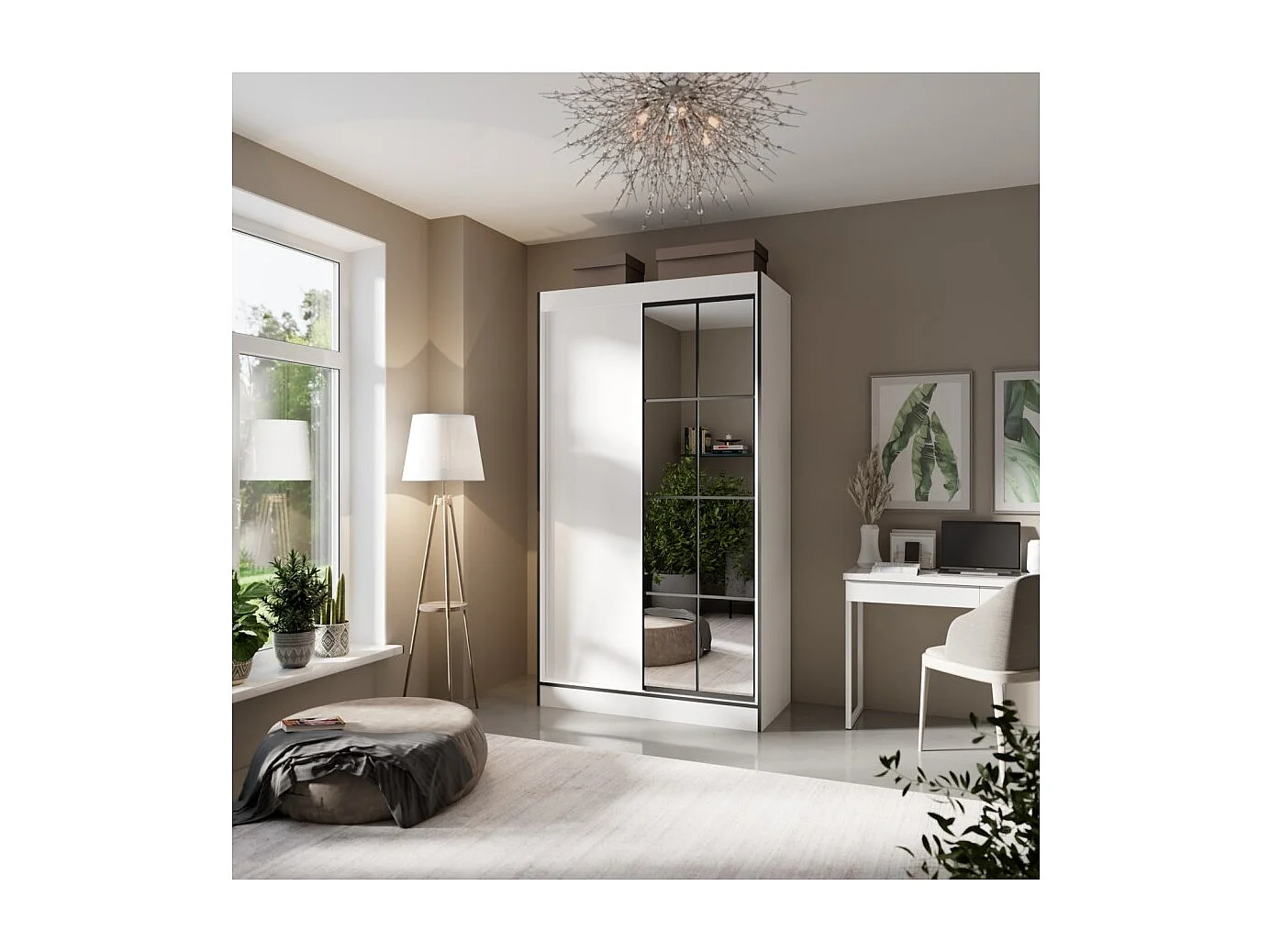 Kleiderschrank Oscar (120cm)/Schiebetüren&Spiegel/Weiss&Schwarz