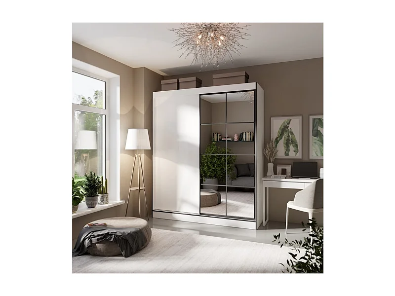 Armadio Oscar (180cm)/Ante scorrevoli e specchio/Bianco e nero