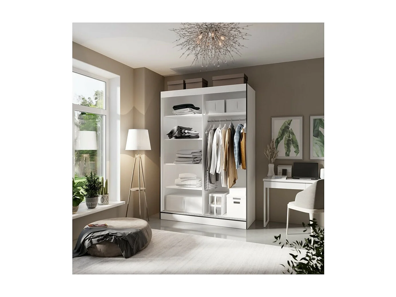 Armadio Oscar (150cm)/Ante scorrevoli e specchio/Bianco e nero