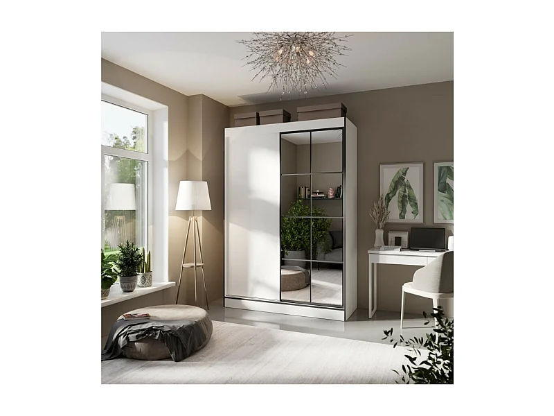 Armoire Oscar (150 cm)/Portes coulissantes et miroir/Blanc et noir
