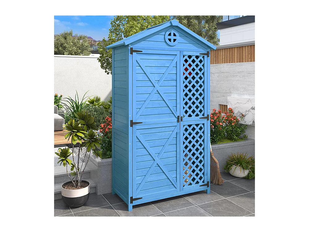 Abri de jardin en bois massif traité pour rangement extérieur résistant aux UV et intempéries sans entretien couleur bleu marine
