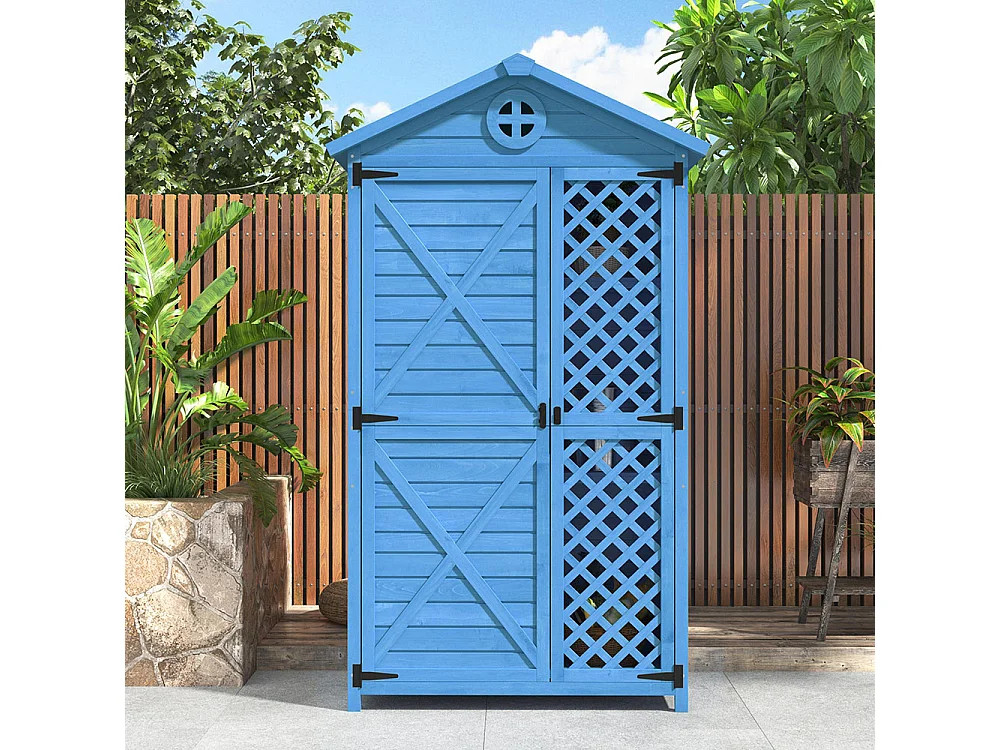 Abri de jardin en bois massif traité pour rangement extérieur résistant aux UV et intempéries sans entretien couleur bleu marine