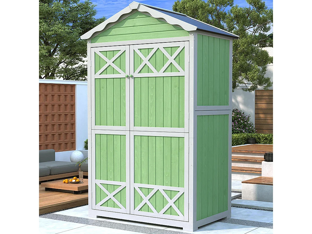 Abri de jardin en bois massif traité pour rangement extérieur résistant aux UV et intempéries sans entretien écologique vert