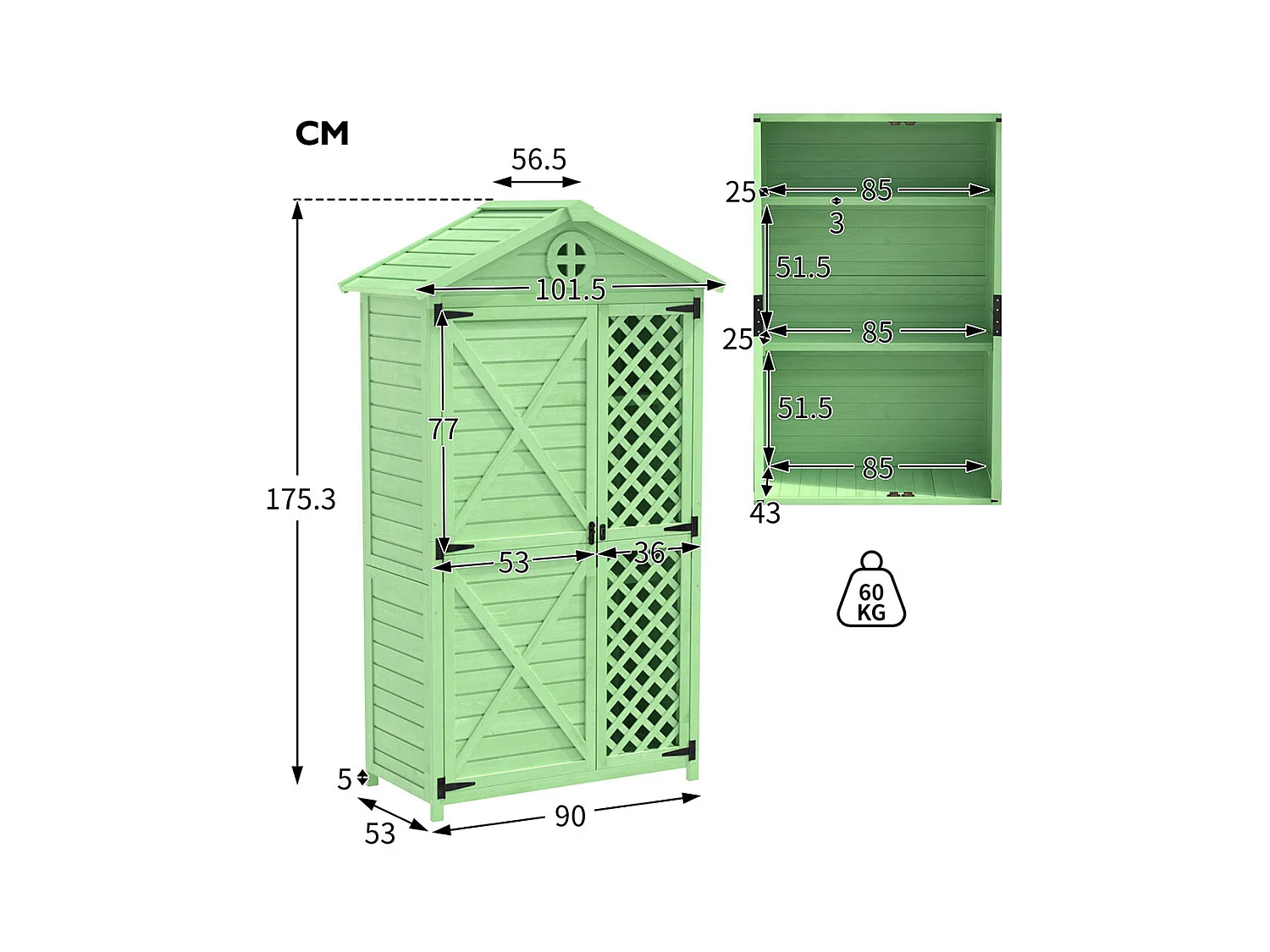 Abri de jardin en bois massif traité pour rangement extérieur résistant aux UV et intempéries sans entretien couleur protégé vert