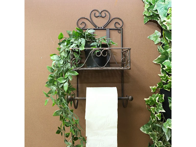 Etagère murale dérouleur papier toilette en fer forgé marron 37 x 18 cm