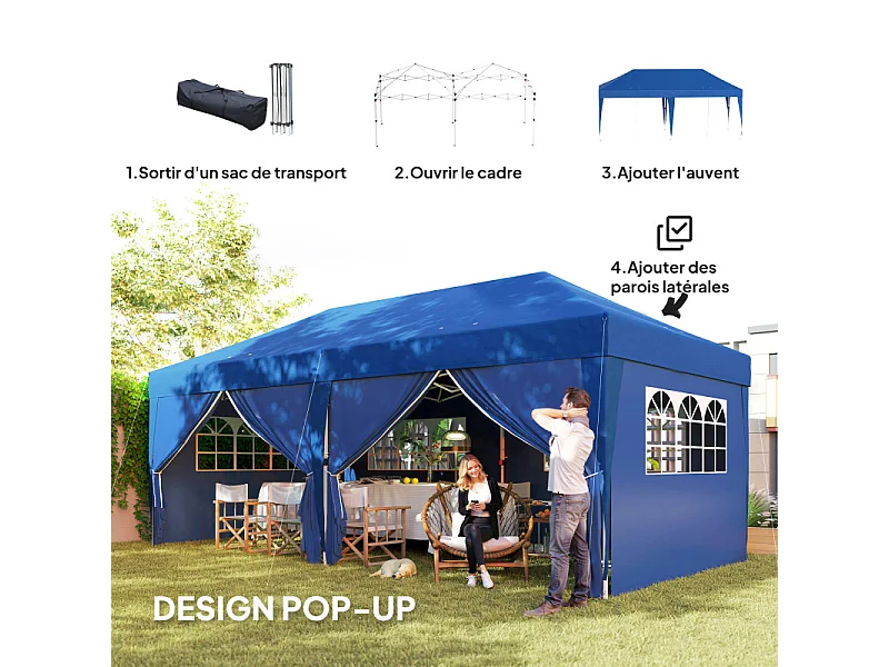 Tonnelle pop-up pliante 6 fenêtres CHADA bleue