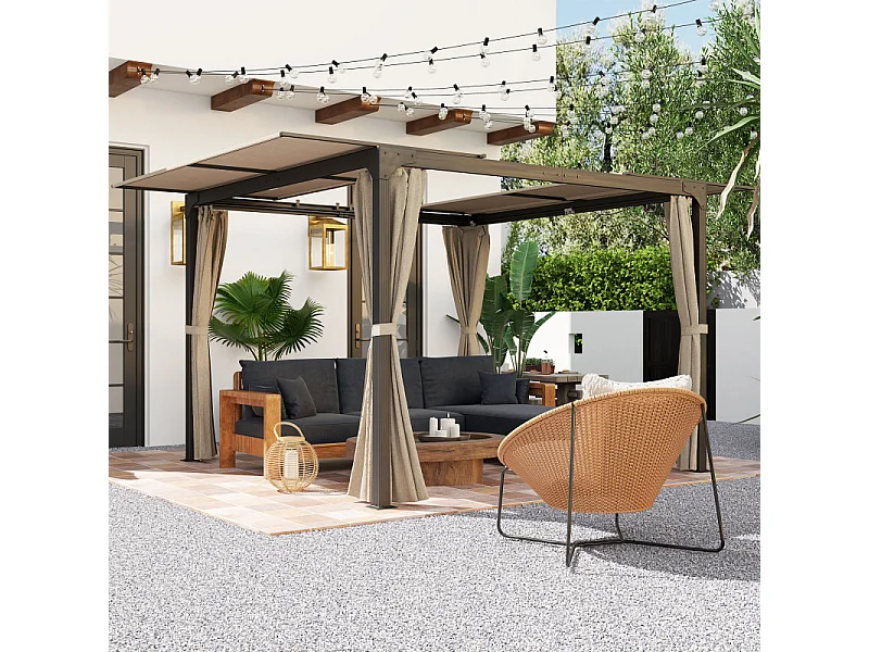 Pergola rétractable double toit et rideaux MIA beige et noire