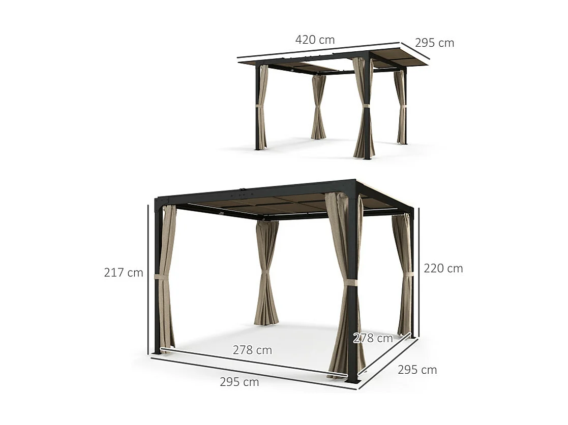 Pergola rétractable double toit et rideaux MIA beige et noire