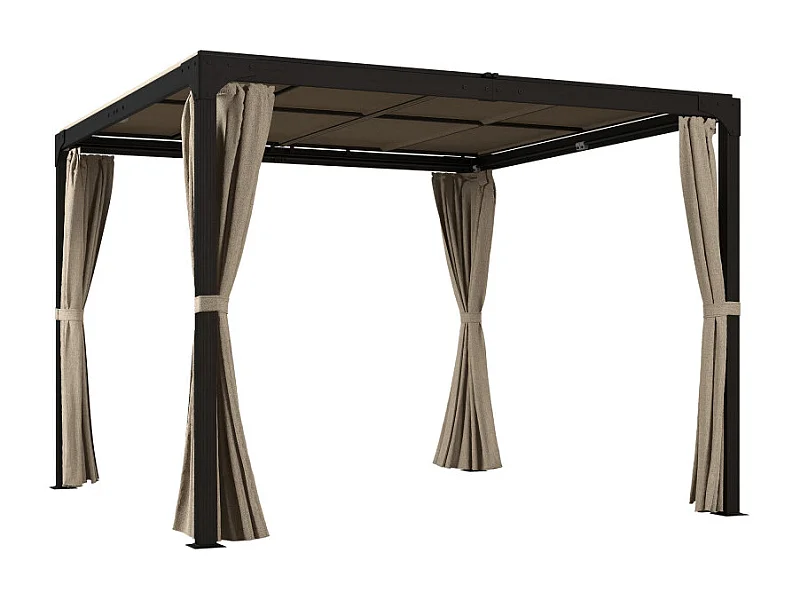 Pergola rétractable double toit et rideaux MIA beige et noire
