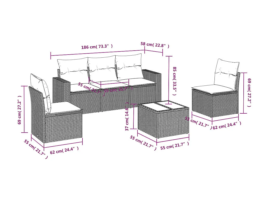 Salon de jardin avec coussins 6 pcs marron résine tressée