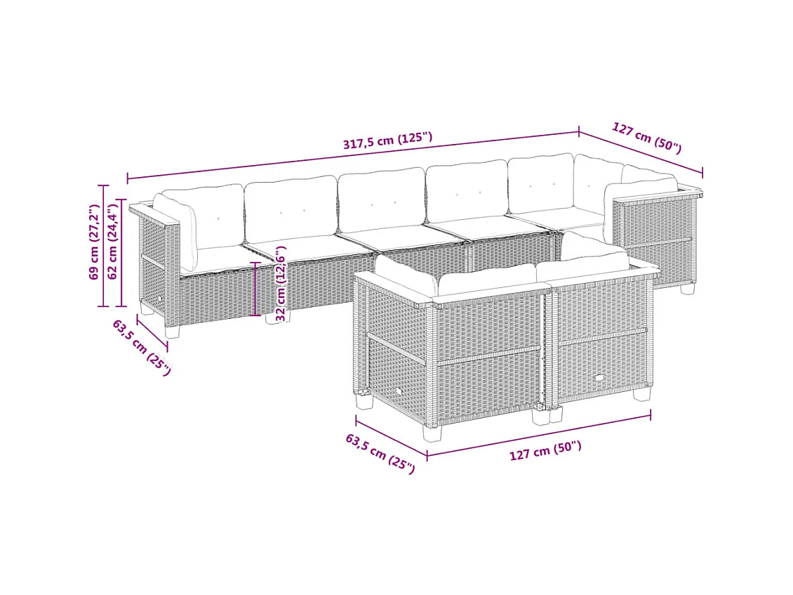 Salon de jardin avec coussins 8 pcs beige résine tressée
