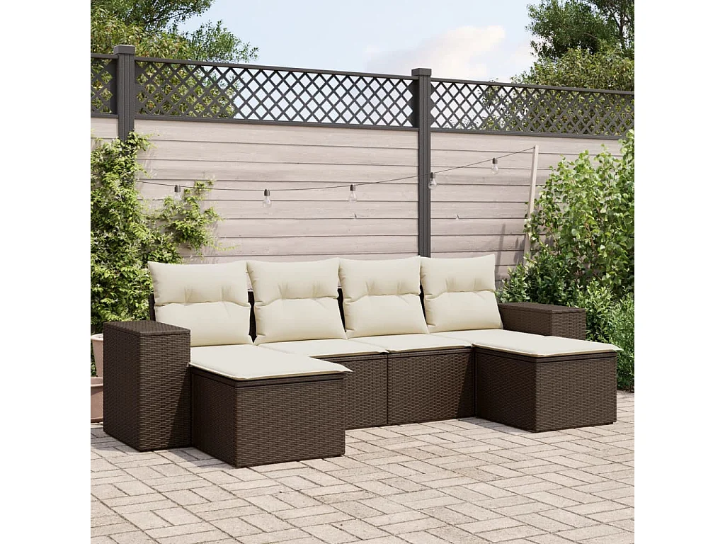 Salon de jardin avec coussins 6 pcs marron résine tressée