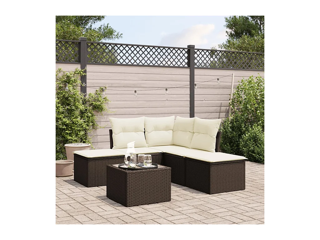 Conjunto de muebles de jardín con cojines 6 piezas resina tejida marrón
