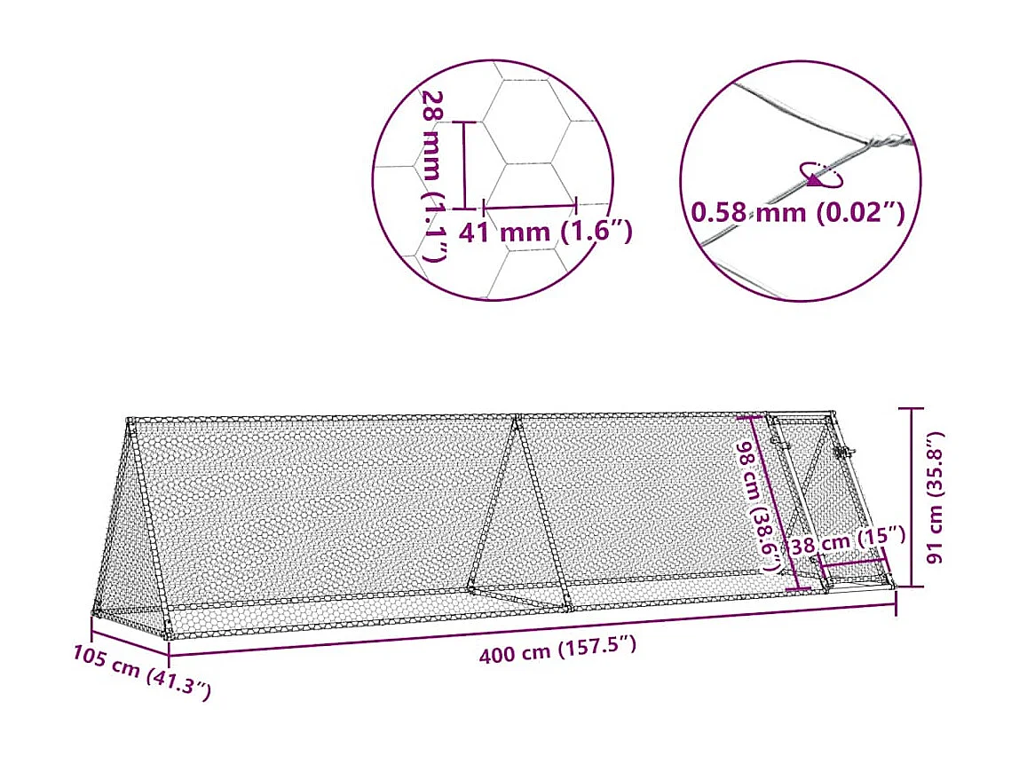 Gaiola de galinha prateada 400x105x91 cm aço galvanizado