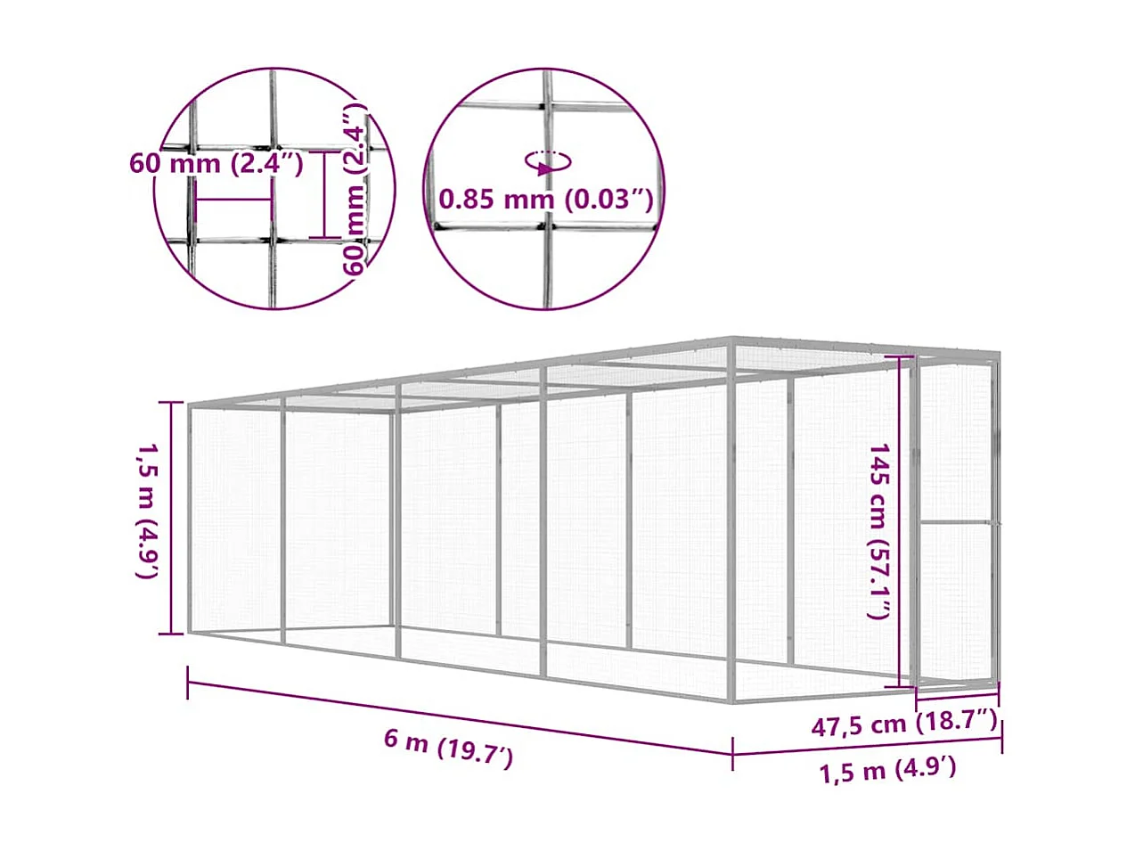 Gaiola para gatos 6x1,5x1,5 m Aço galvanizado