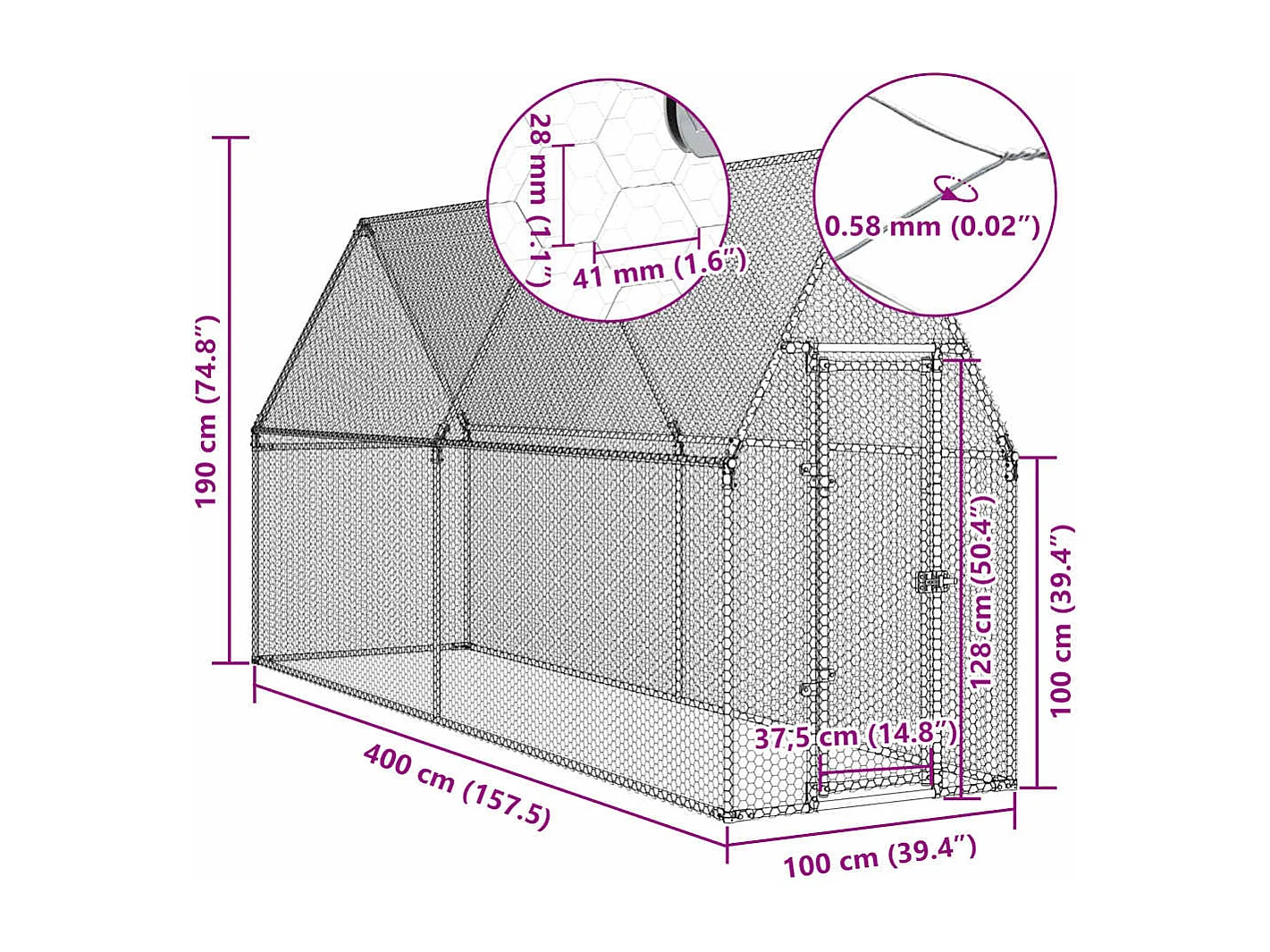 Gaiola de galinha prateada 400x100x190 cm aço galvanizado