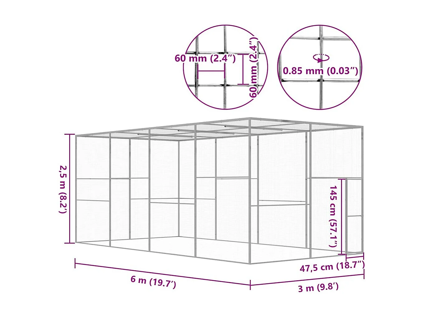 Gabbia per gatti 6x3x2,5 m Acciaio zincato