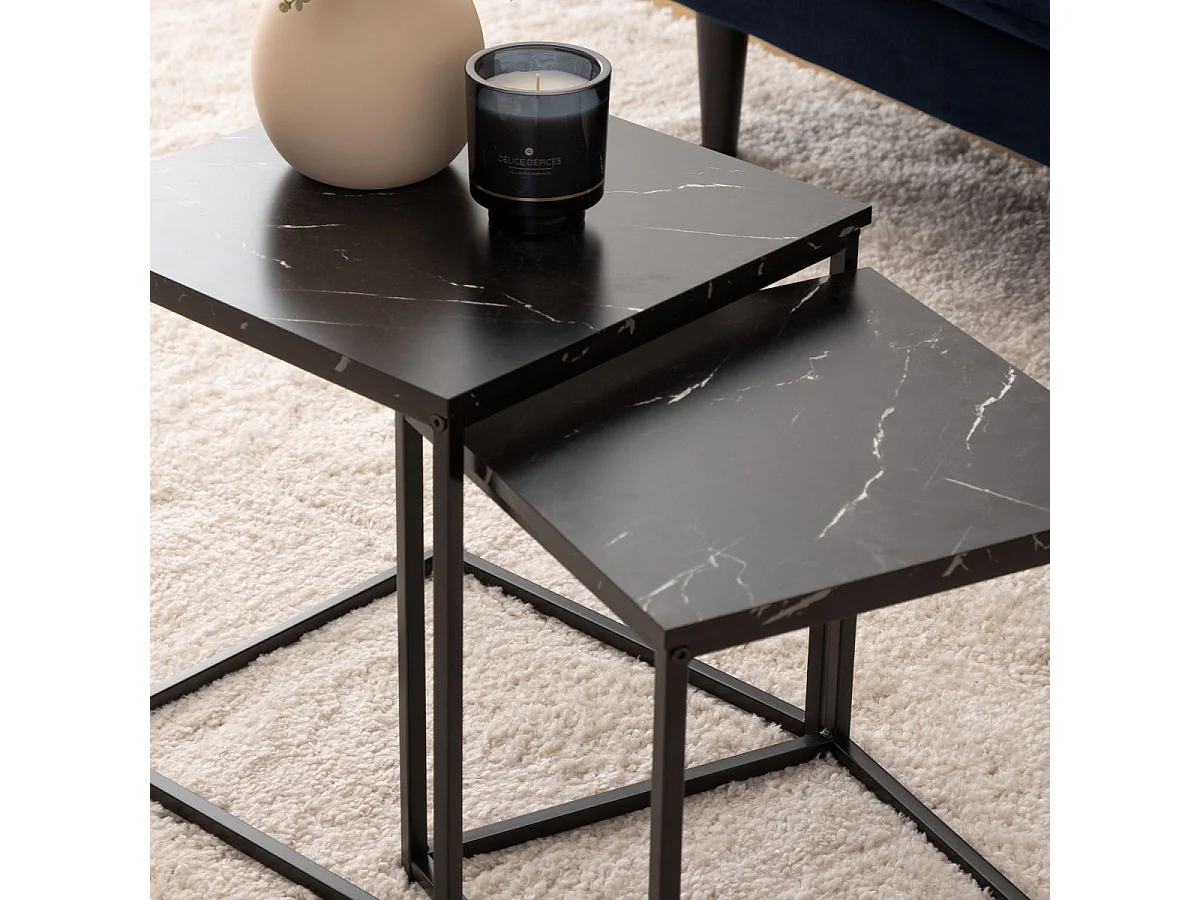 Lot de 2 Tables gigognes Noir Effet Marbre et Métal noir