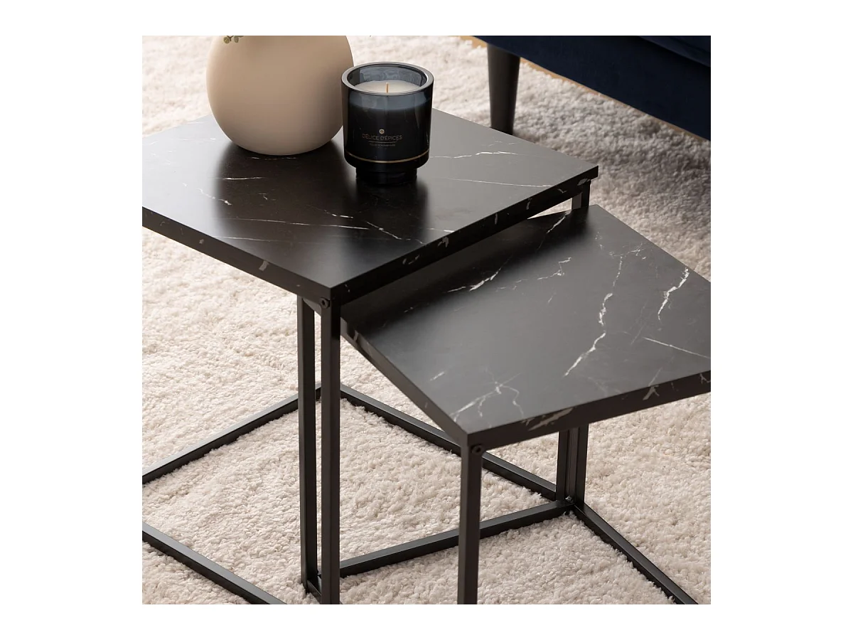 Lot de 2 Tables gigognes Noir Effet Marbre et Métal noir