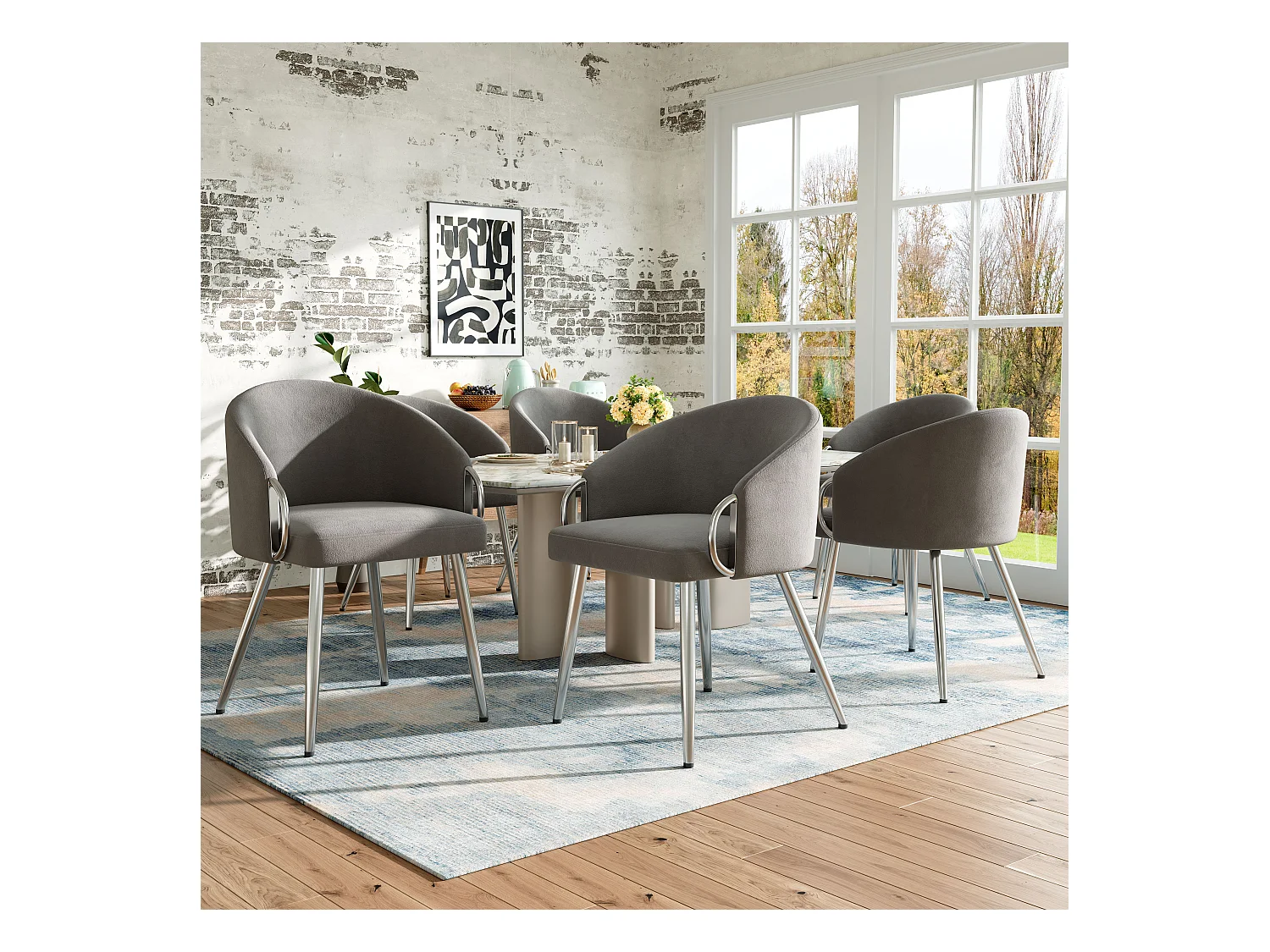 Lot de 6 chaises de salle à manger avec accoudoirs - 56 x 56 x 76 cm - Velours et pieds en métal doré - Gris
