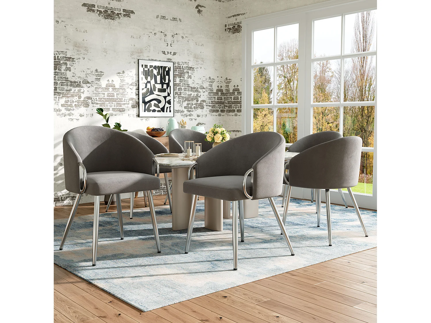 Lot de 6 chaises de salle à manger avec accoudoirs - 56 x 56 x 76 cm - Velours et pieds en métal doré - Gris