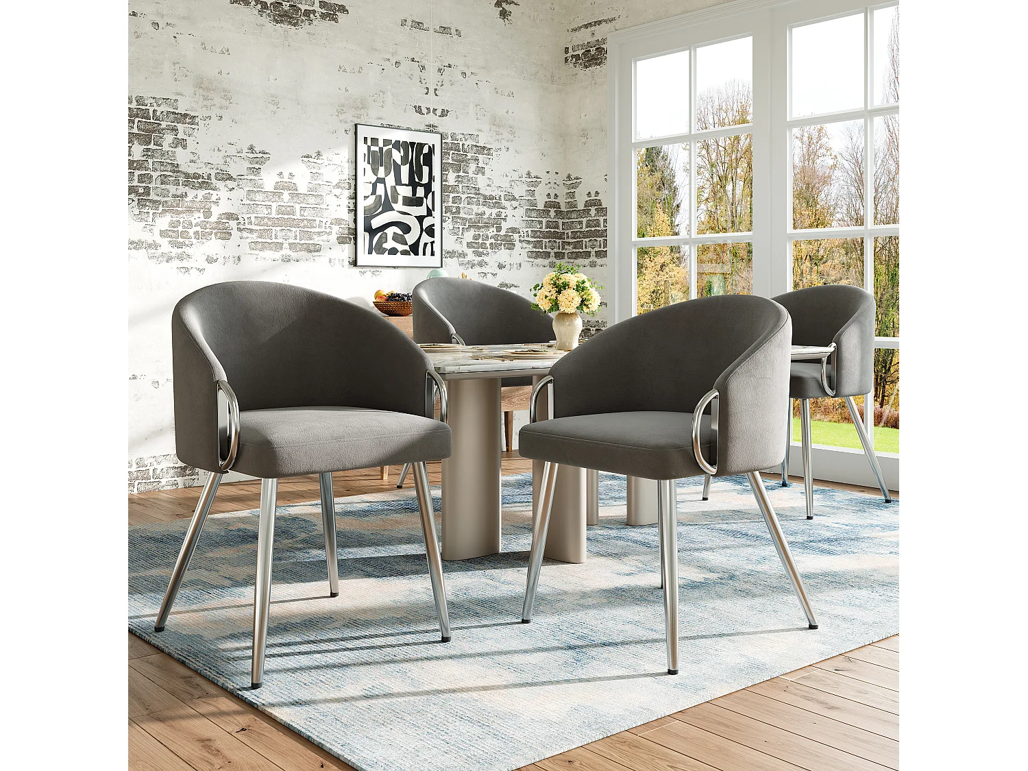 Lot de 6 chaises de salle à manger avec accoudoirs - 56 x 56 x 76 cm - Velours et pieds en métal doré - Gris
