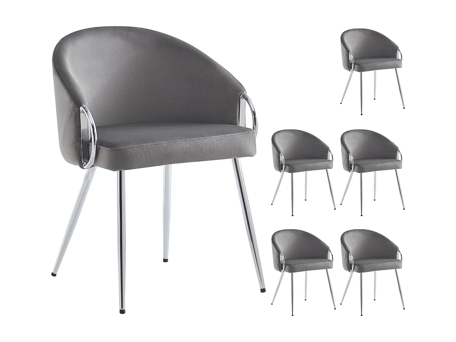Lot de 6 chaises de salle à manger avec accoudoirs - 56 x 56 x 76 cm - Velours et pieds en métal doré - Gris