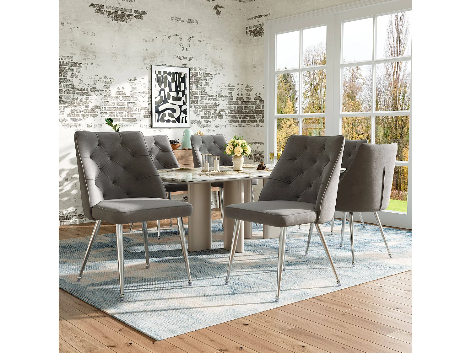 Set van 6 eetkamerstoelen zonder armleuningen - 51 x 60 x 87 cm - fluwelen en zilveren ijzeren poten - grijs