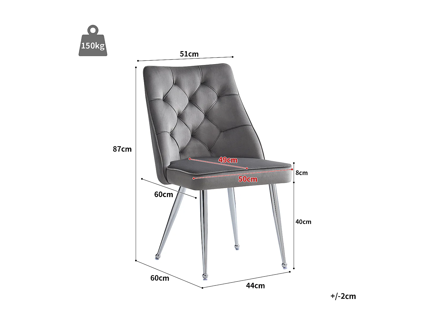 Set van 6 eetkamerstoelen zonder armleuningen - 51 x 60 x 87 cm - fluwelen en zilveren ijzeren poten - grijs