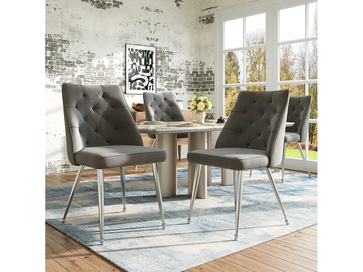 Set van 6 eetkamerstoelen zonder armleuningen - 51 x 60 x 87 cm - fluwelen en zilveren ijzeren poten - grijs