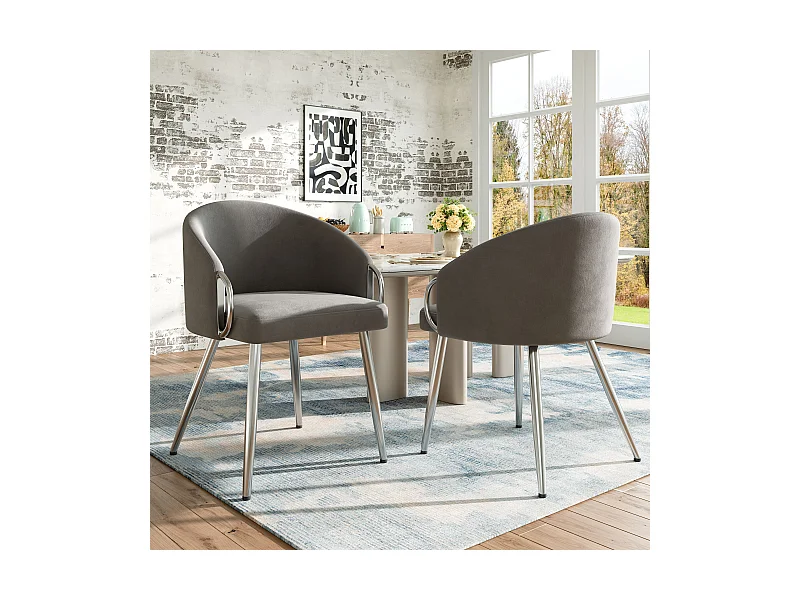 Juego de 2 sillas de comedor con reposabrazos - 56 x 56 x 76 cm - Patas de terciopelo y metal dorado - Gris