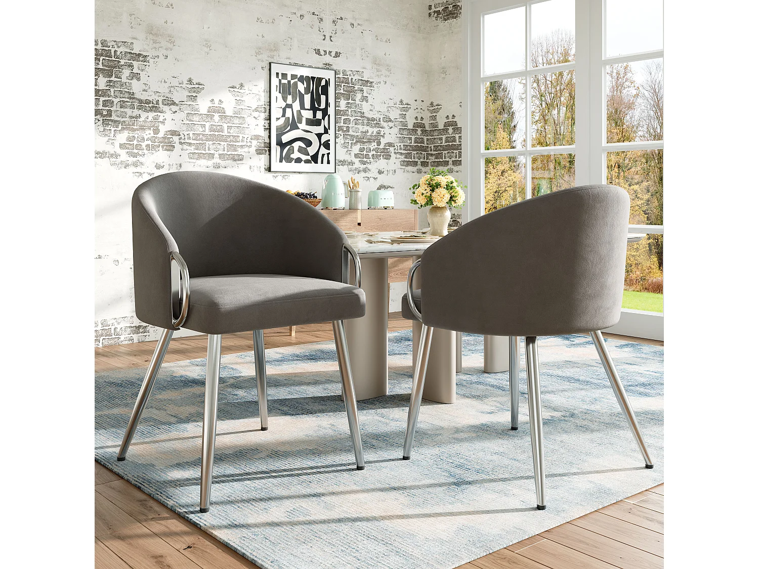 Lot de 2 chaises de salle à manger avec accoudoirs - 56 x 56 x 76 cm - Velours et pieds en métal doré - Gris