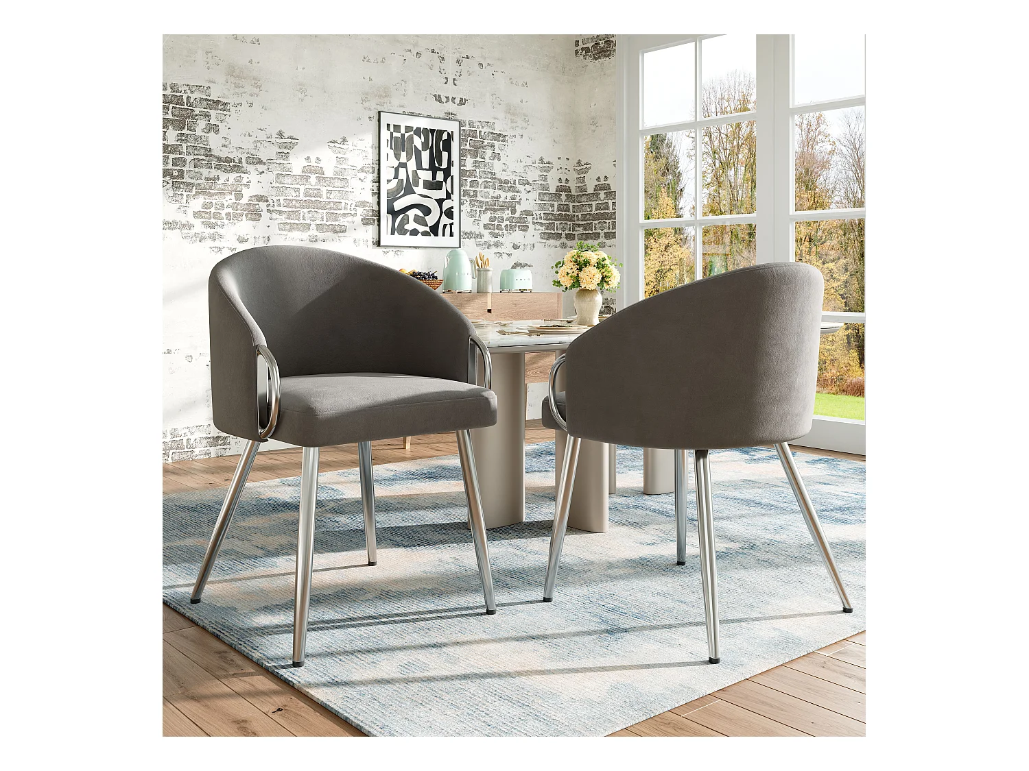 Lot de 2 chaises de salle à manger avec accoudoirs - 56 x 56 x 76 cm - Velours et pieds en métal doré - Gris
