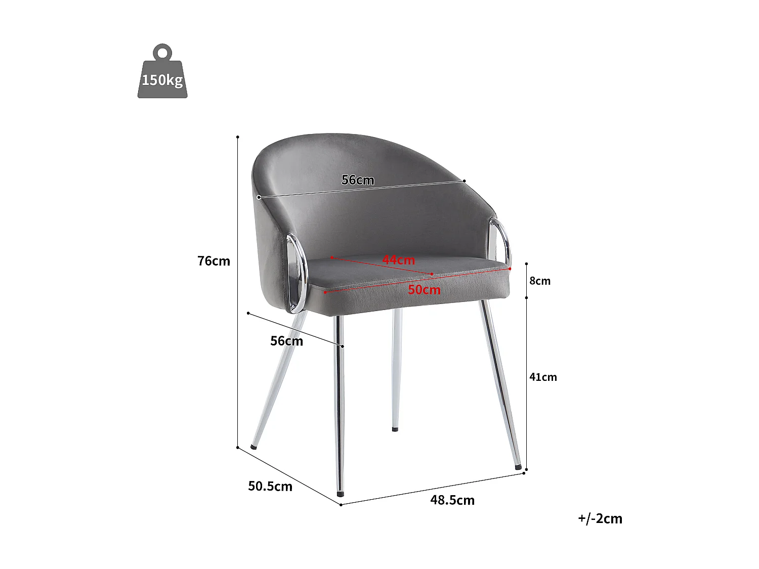 Set van 2 eetkamerstoelen met armleuningen - 56 x 56 x 76 cm - fluweel en gouden metalen poten - grijs