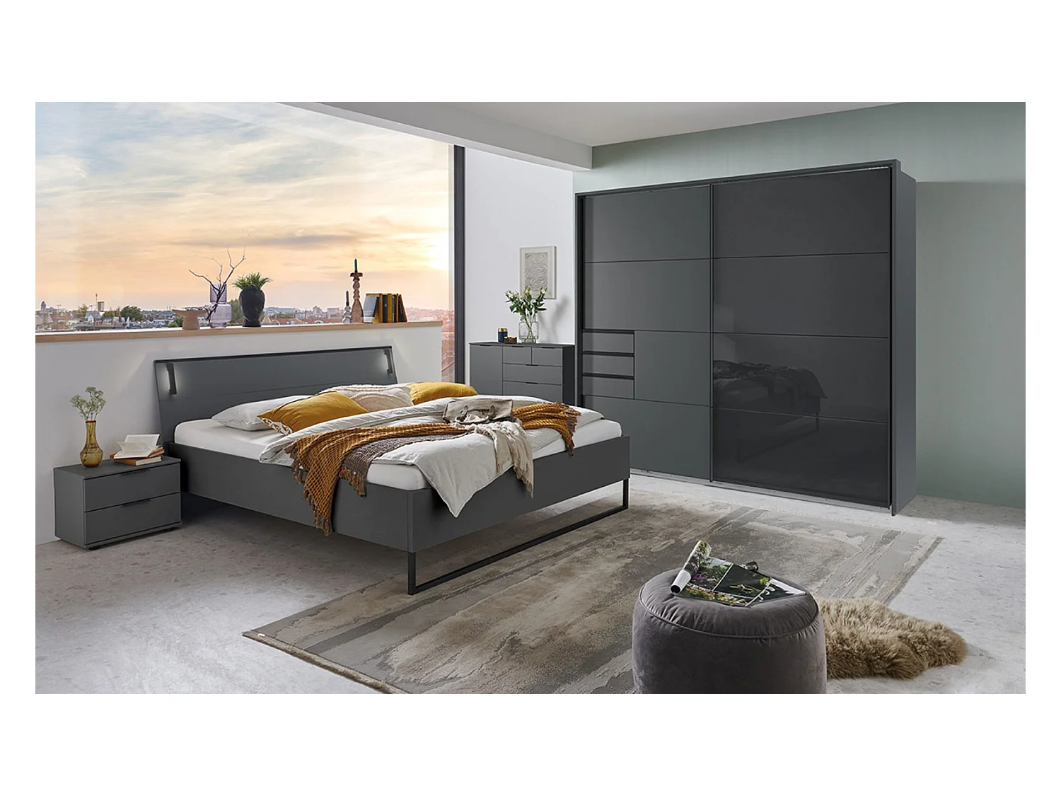 Chambre à coucher complète adulte ( lit adulte 180 x 200 cm  + chevet+ commode de rangement +  Armoire)