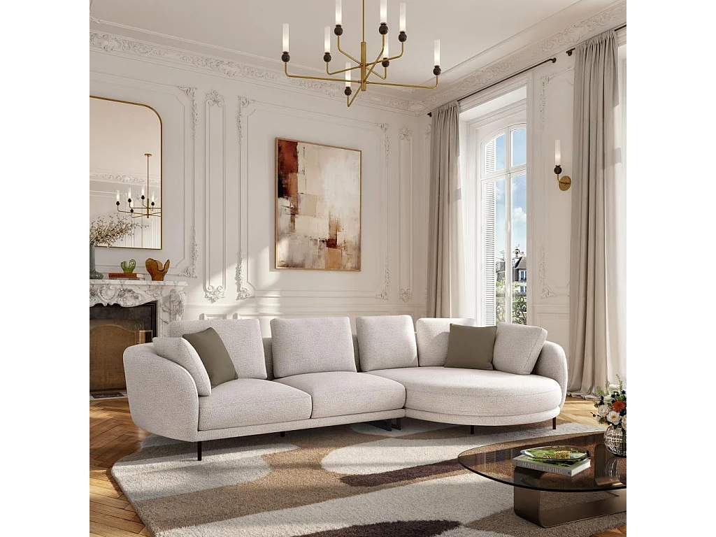 Canapé d'angle droit en tissu et dossier déhoussable garni de plumes - Écru mélangé - Design by Federica Francini