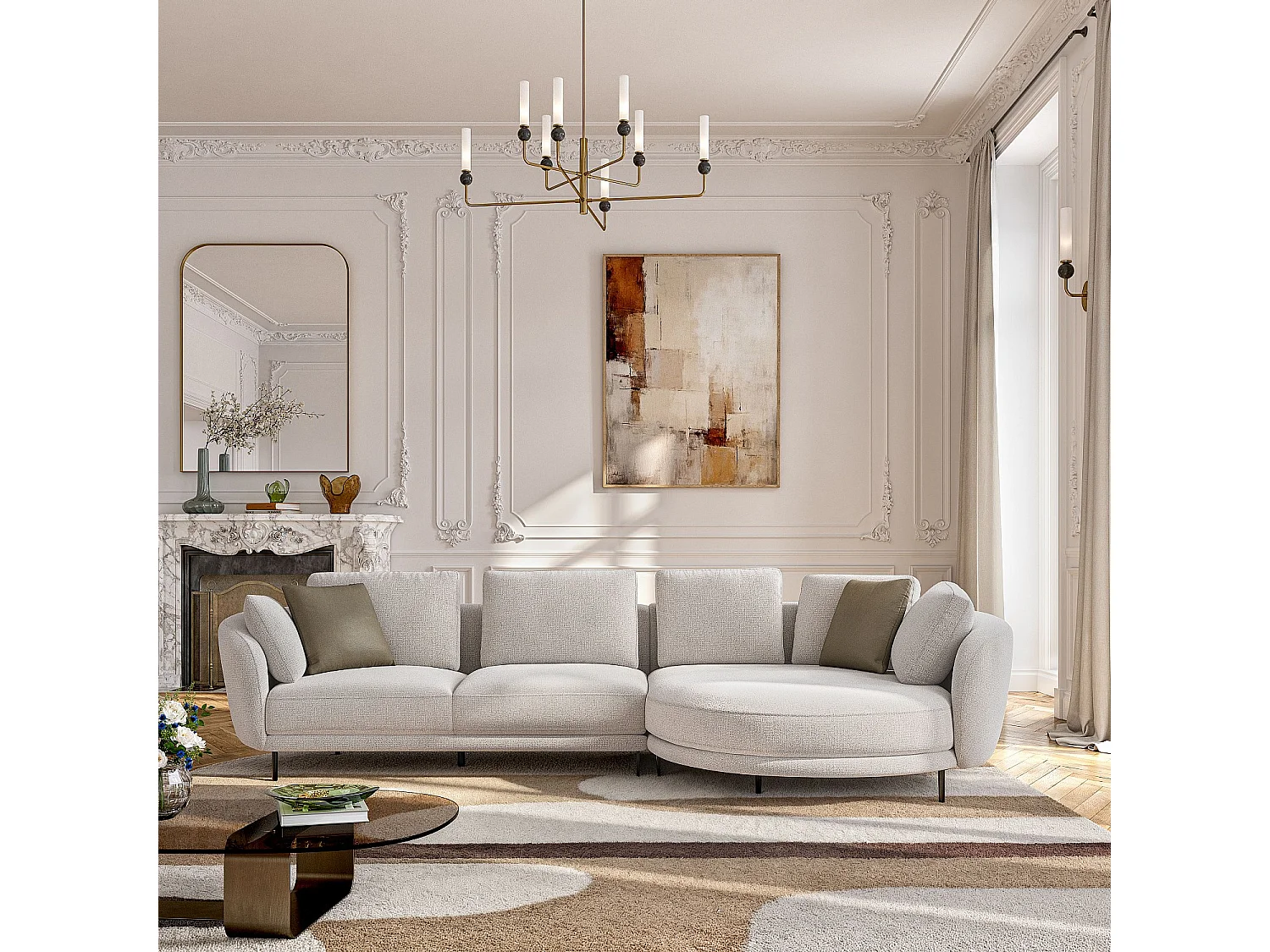 Canapé d'angle droit en tissu et dossier déhoussable garni de plumes - Écru mélangé - Design by Federica Francini