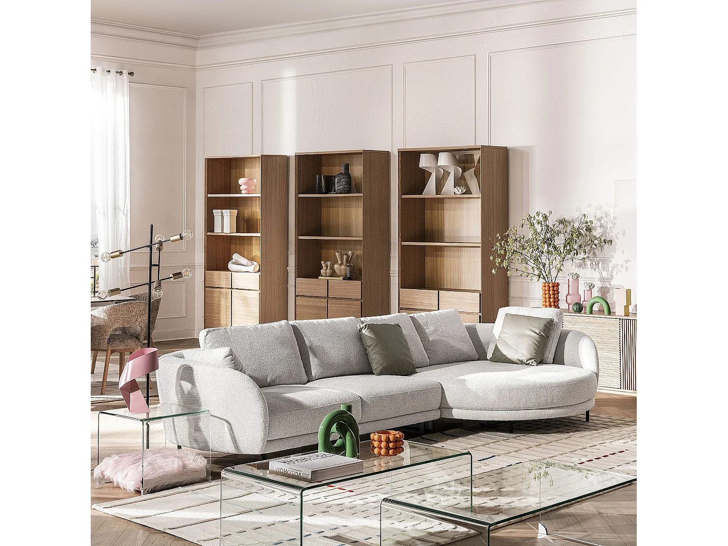 Canapé d'angle droit en tissu et dossier déhoussable garni de plumes - Écru mélangé - Design by Federica Francini