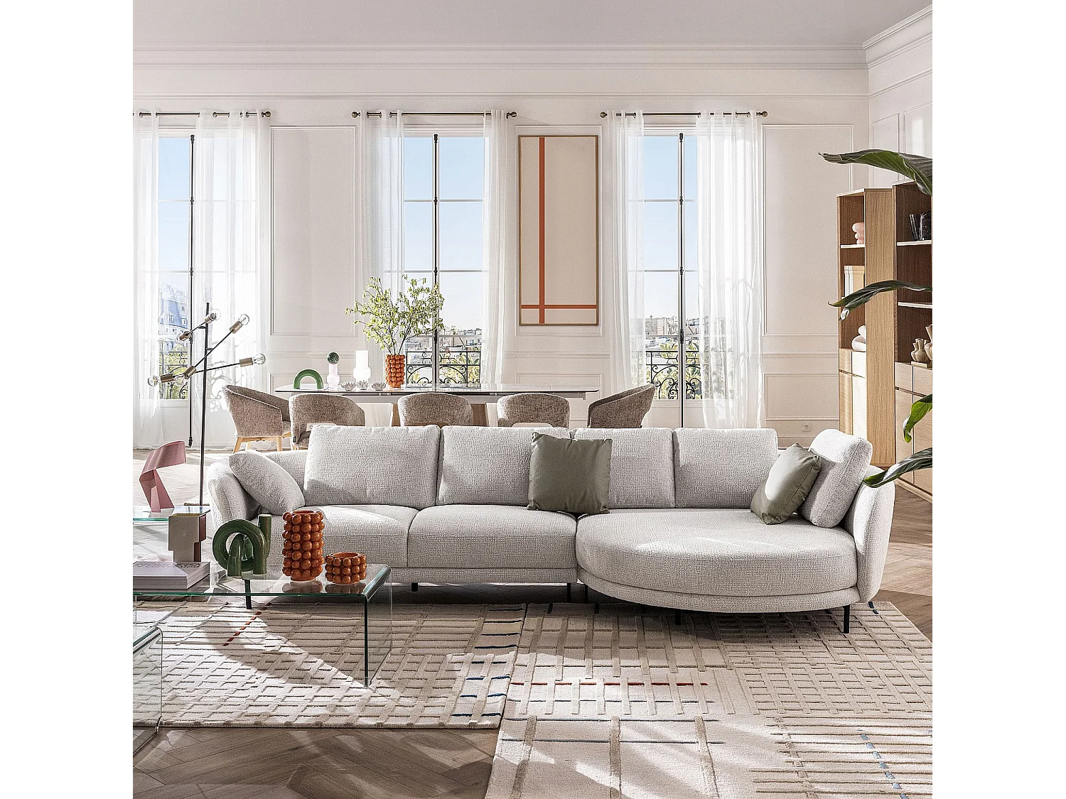 Canapé d'angle droit en tissu et dossier déhoussable garni de plumes - Écru mélangé - Design by Federica Francini