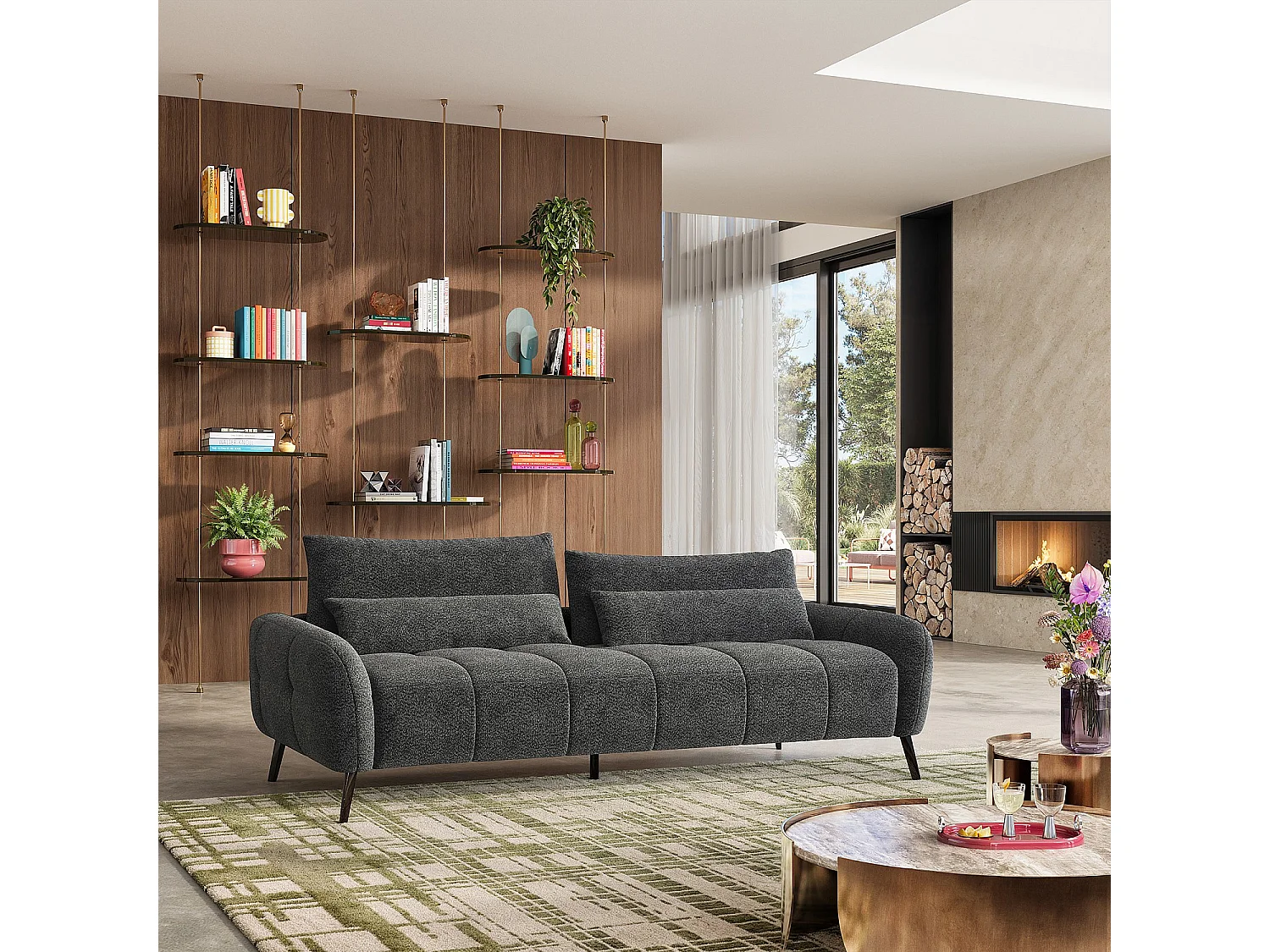 Canapé 3 places dossier relevable déhoussable en tissu bouclette courte - Gris anthracite