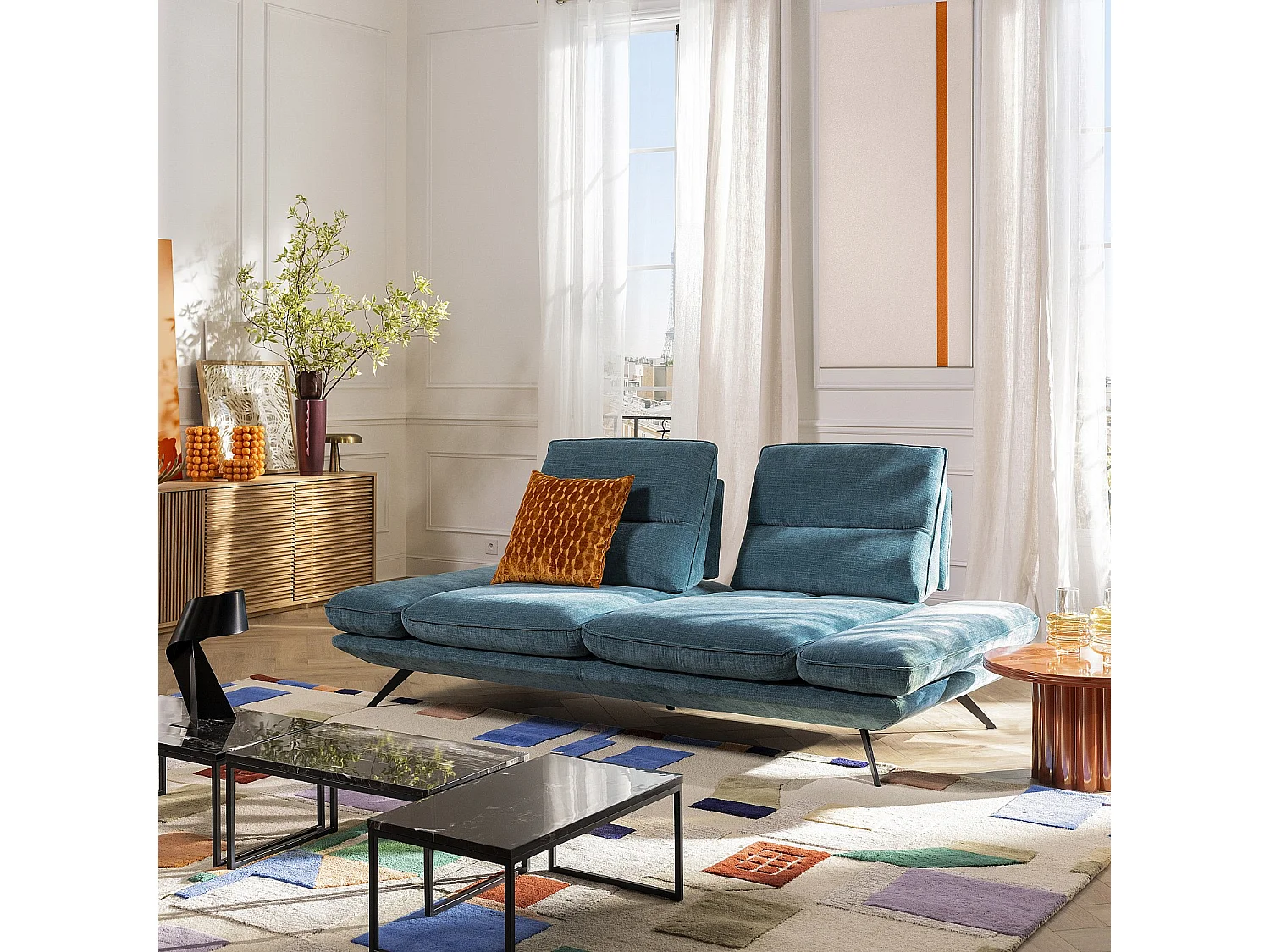 Canapé 3 places en tissu avec dossier avance-recule - Bleu canard