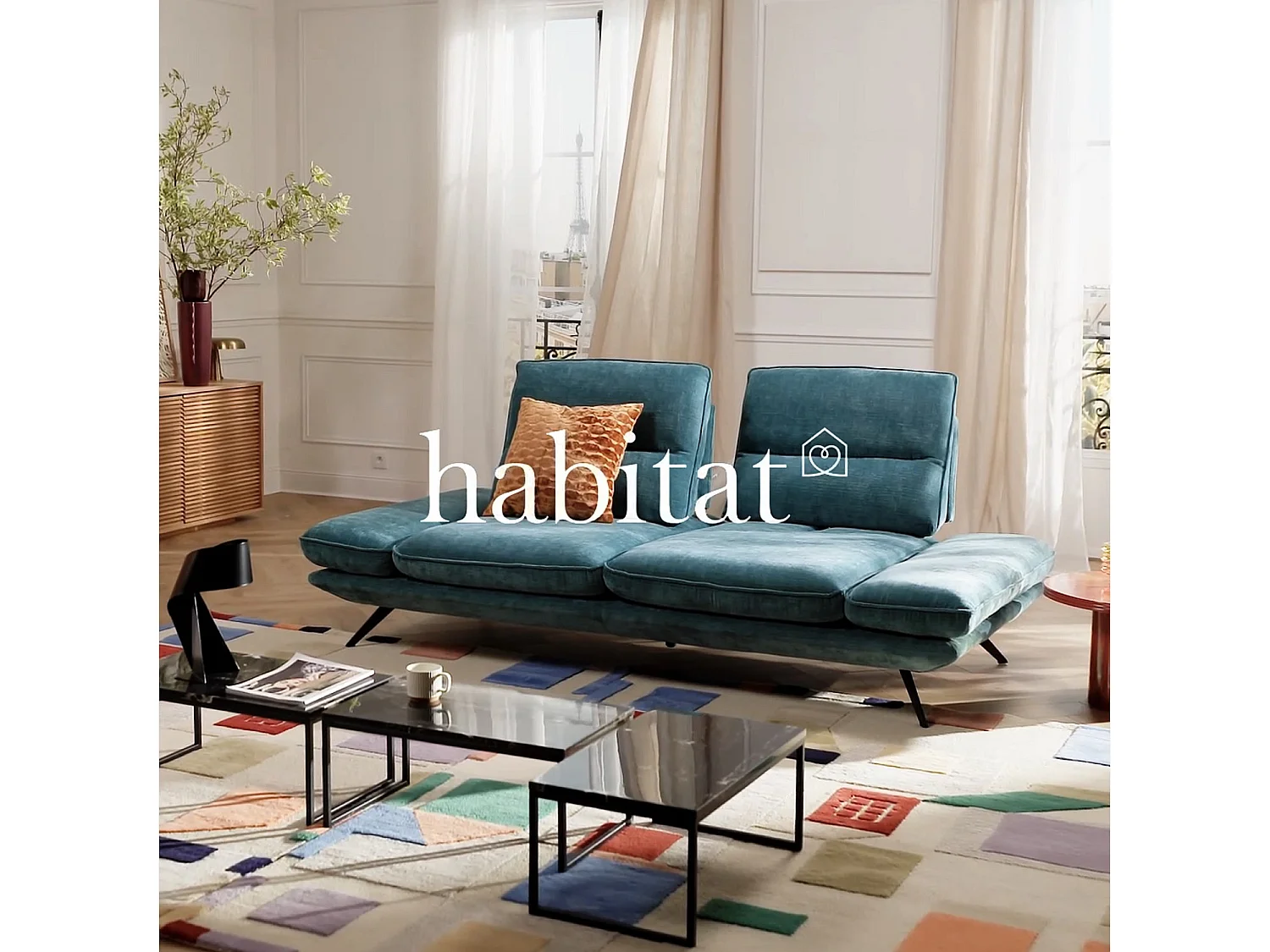 Canapé 3 places en tissu avec dossier avance-recule - Bleu canard