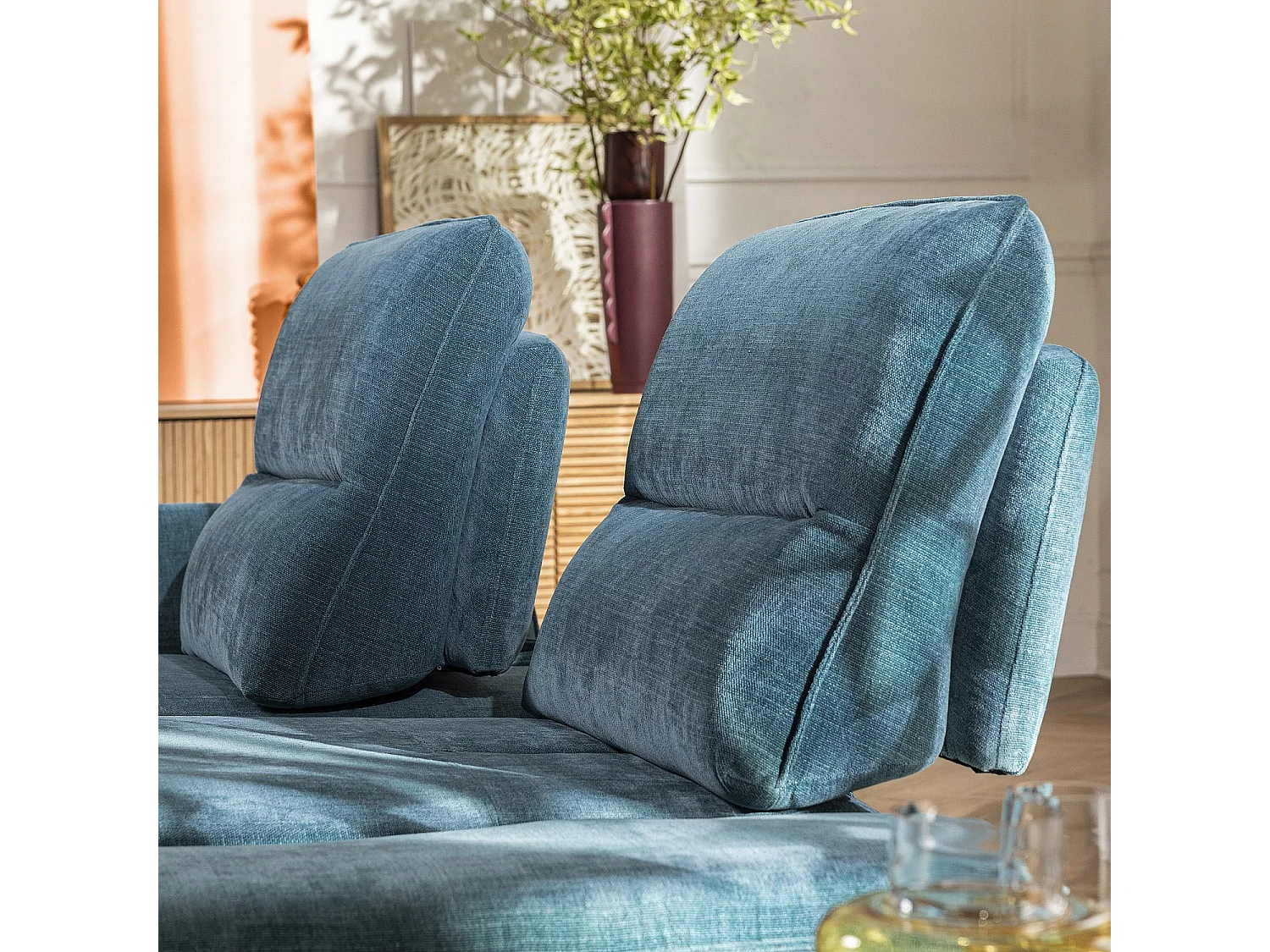 Canapé 3 places en tissu avec dossier avance-recule - Bleu canard