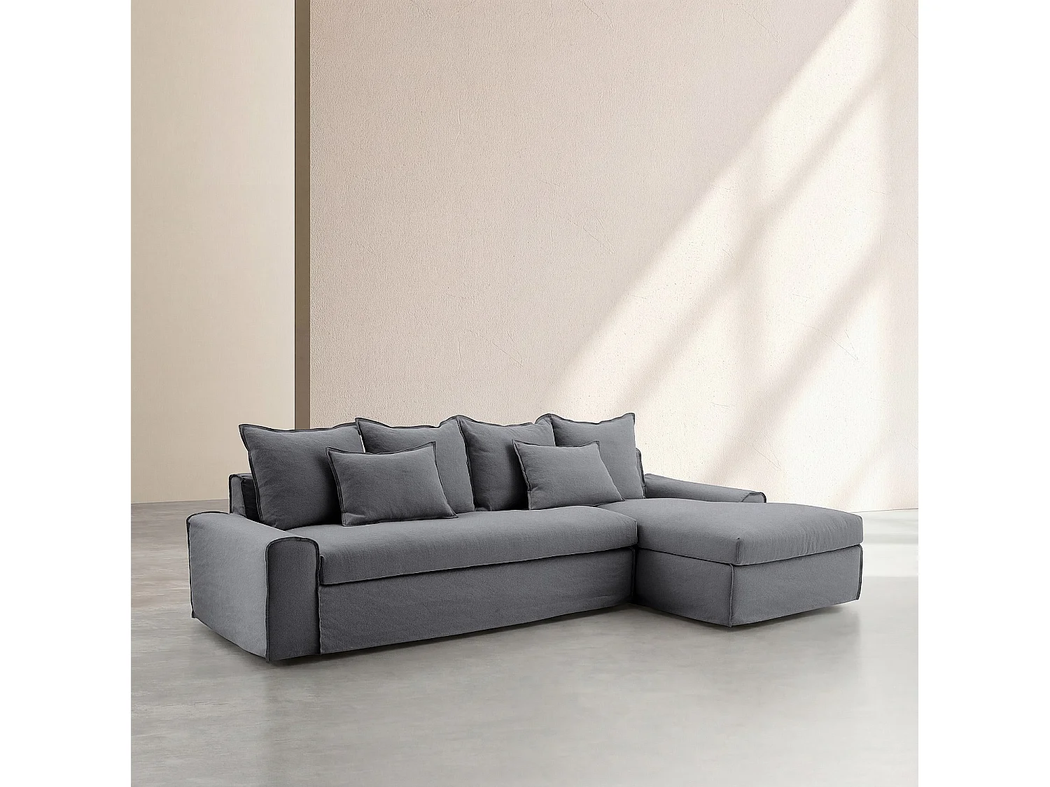 Habitat - Canapé d'angle droit déhoussable en coton et lin garni de plumes - Gris ardoise  - Ginosa
