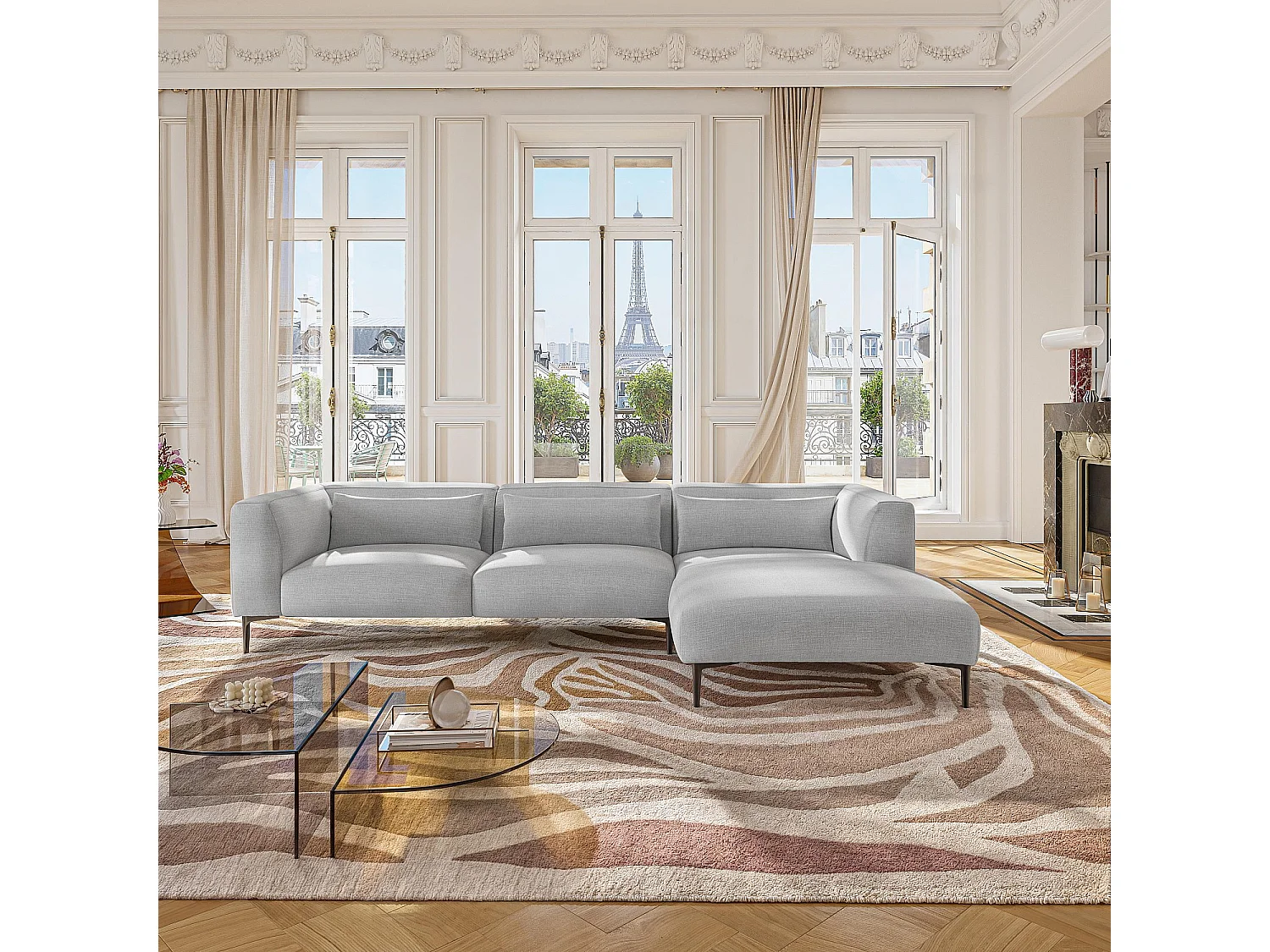 Habitat - Canapé d'angle droit avec coton et lin garni de plumes - Gris perle - Tessie