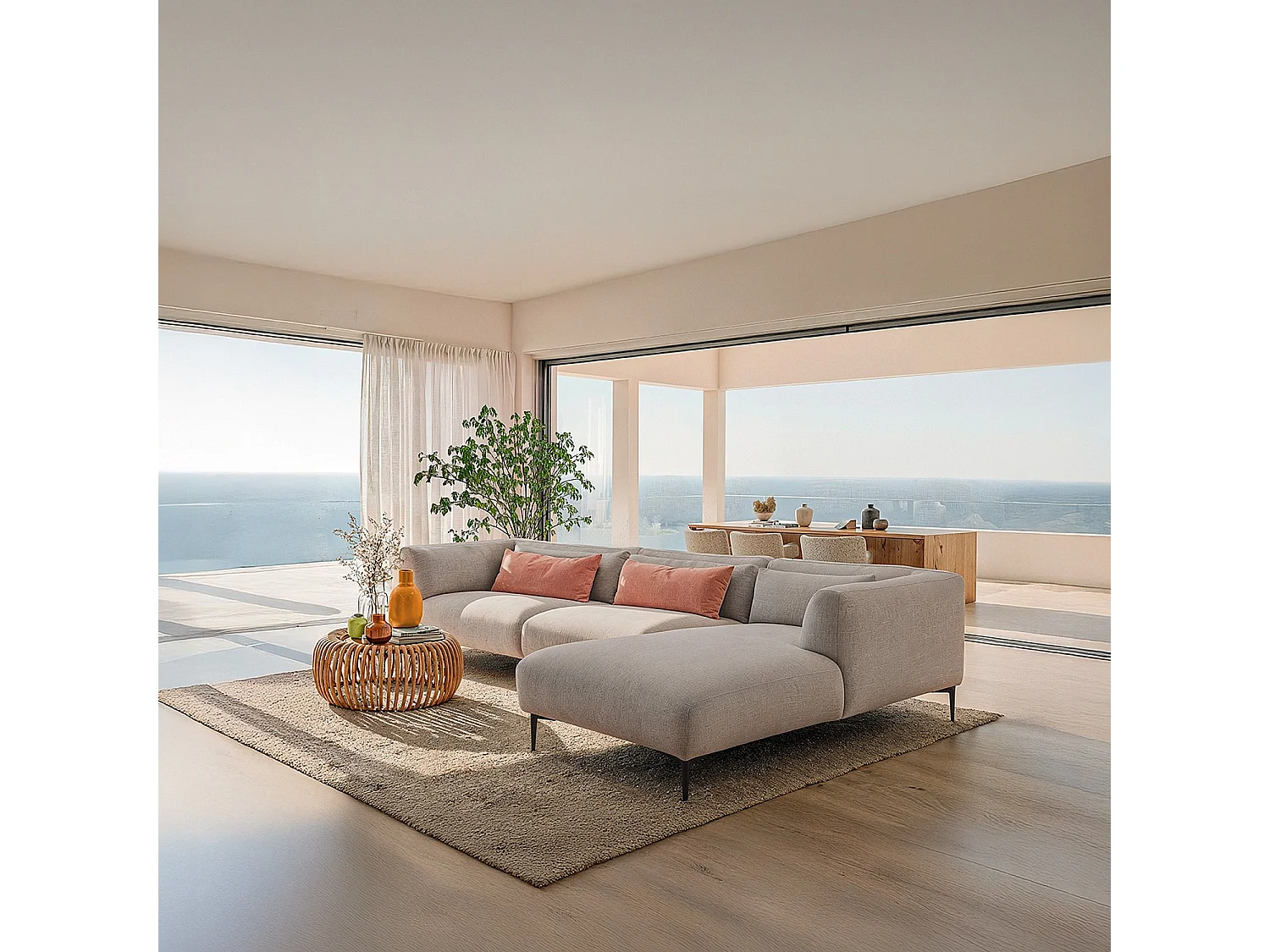 Canapé d'angle droit avec coton et lin garni de plumes - Gris perle