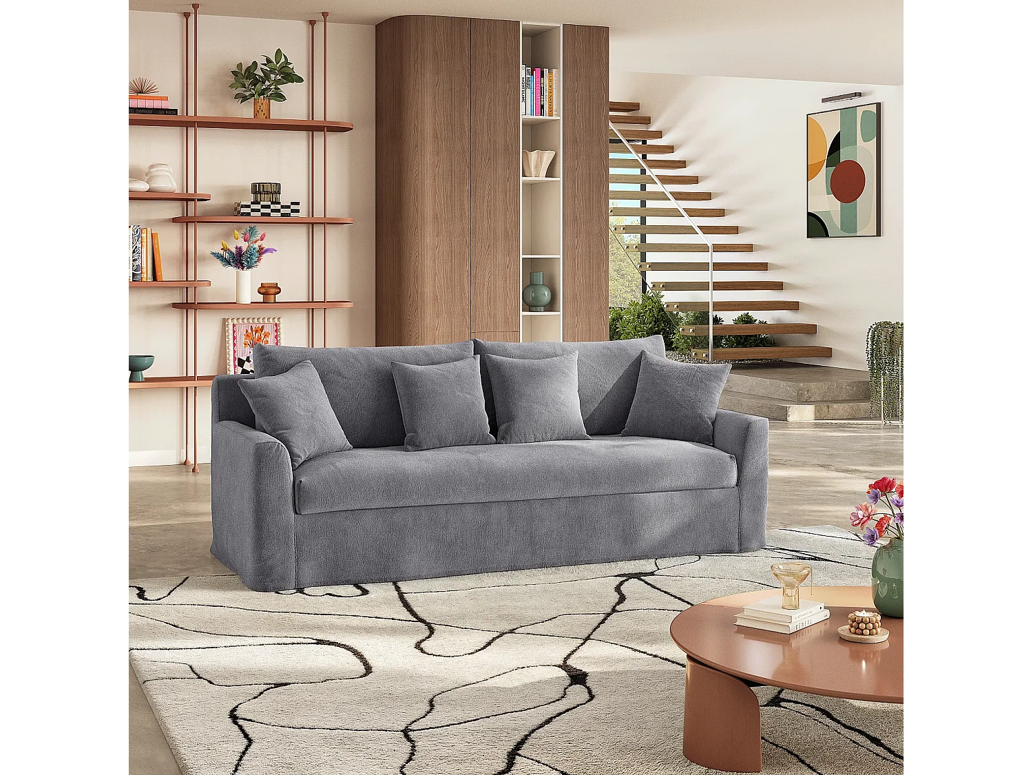 Canapé 3 places déhoussable en coton et lin garni de plumes - Gris ardoise