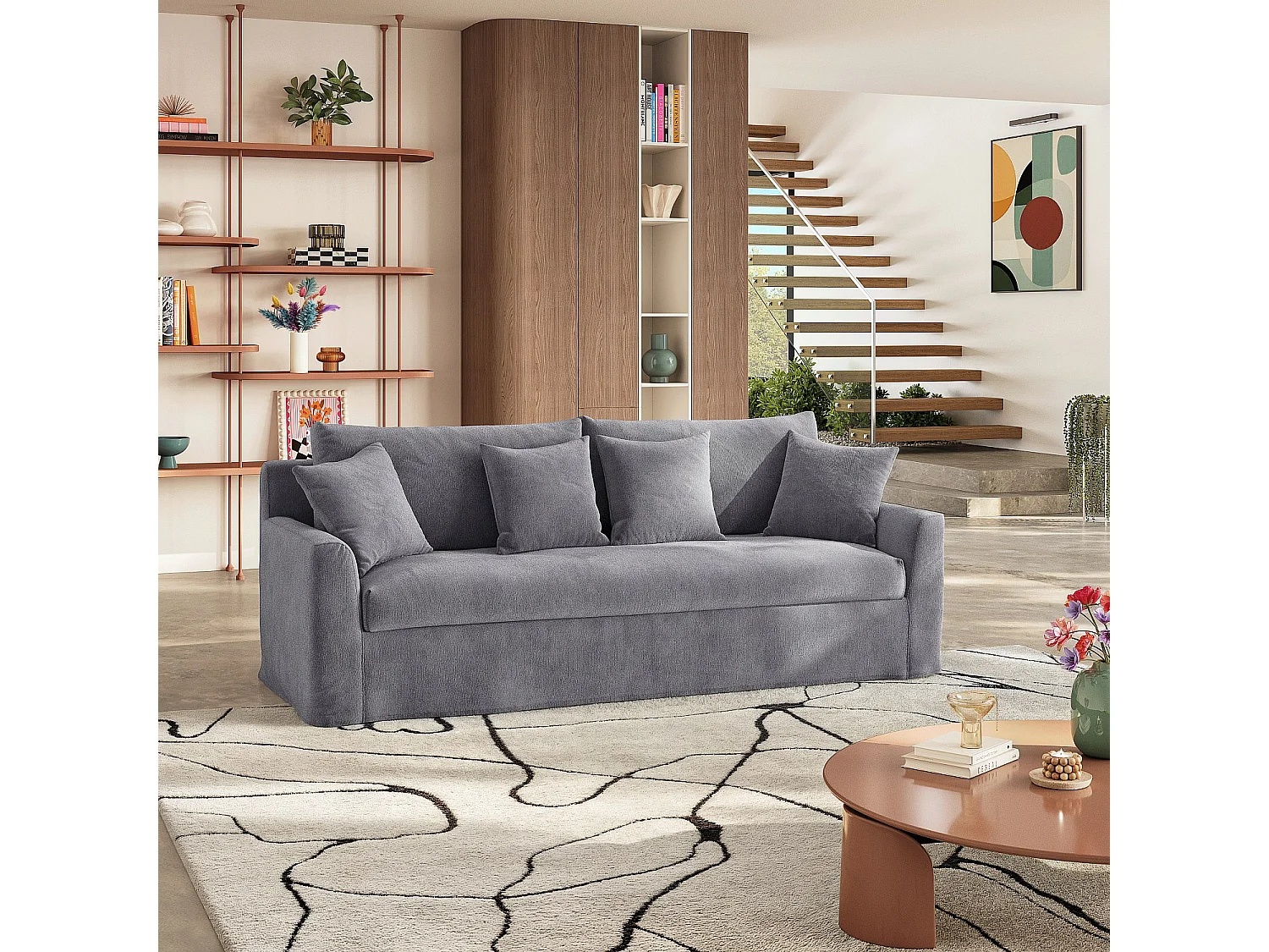 Canapé 3 places déhoussable en coton et lin garni de plumes - Gris ardoise